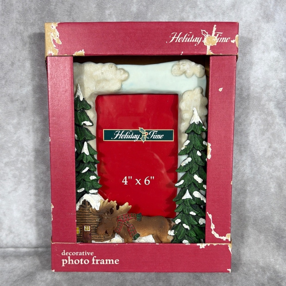 Vtg 3D Christmas Picture Frame Moose Log Cabin Country Rustic Holiday Decor NIB
